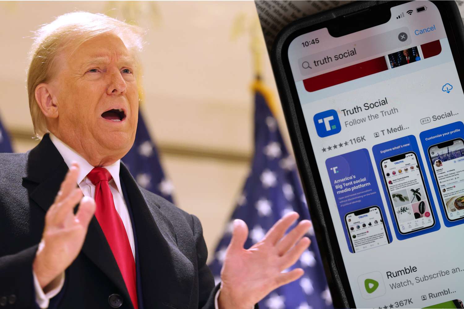 Photo illustration of Donald Trump and Truth Social in app store