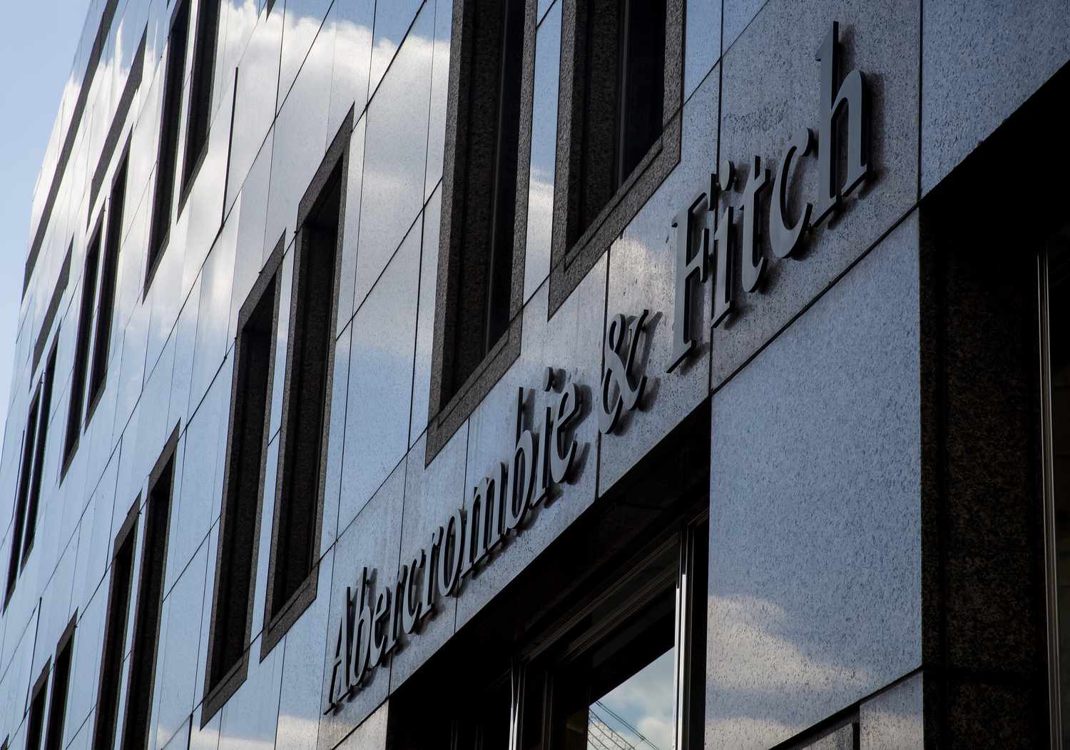 Signage on exterior of Abercombie & Fitch store. 