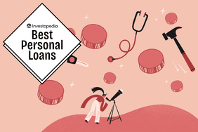 Custom illustration for Investopedia's best personal loans: a light red background with coins, a hammer, a stethoscope, and a woman looking into a telescope.