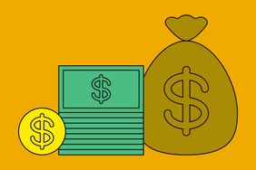 Illustration of a coin, stack of money, and bag of money. 