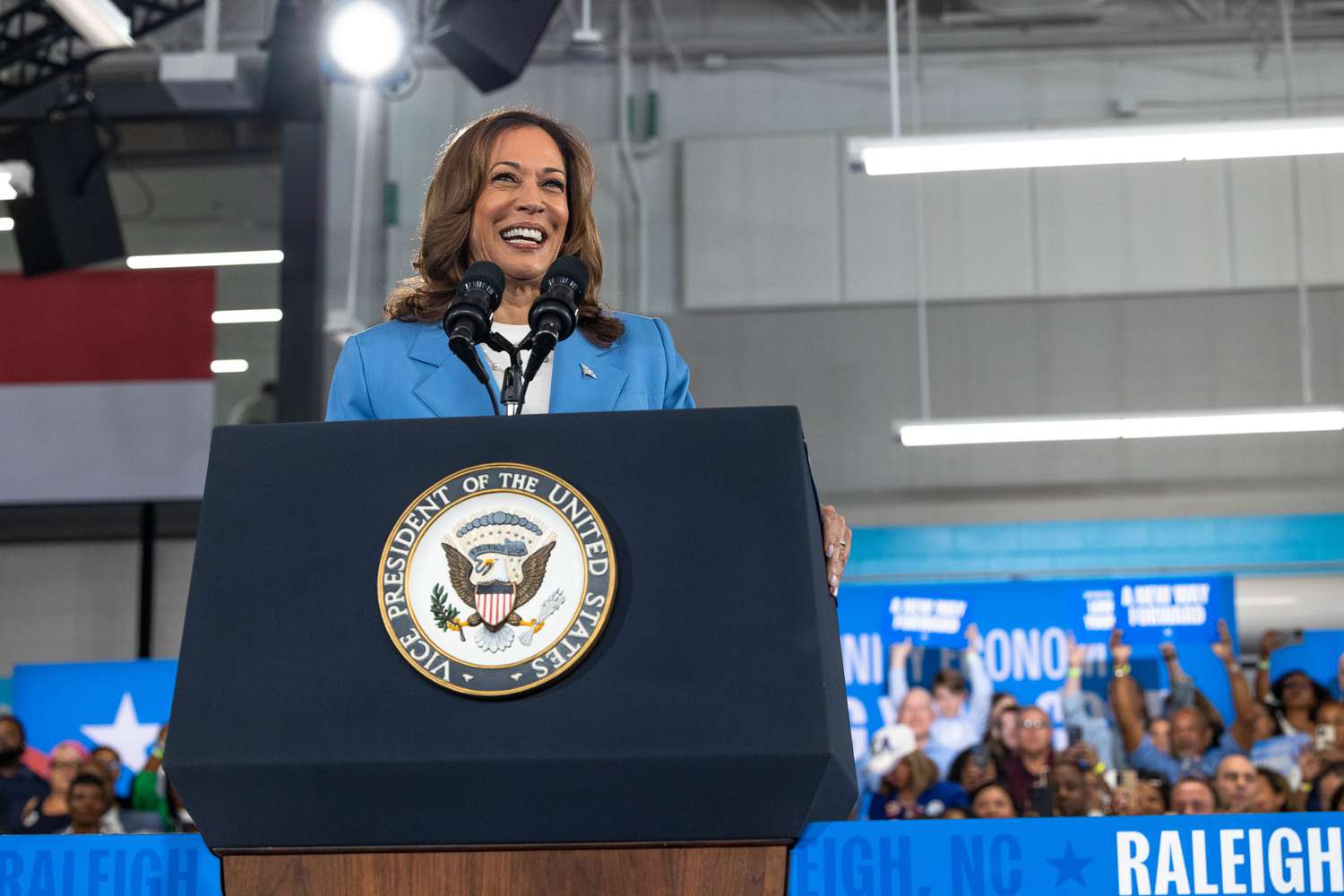 Democratic U.S. presidential candidate Vice President Kamala Harris speaks on her policy platform, including improving the cost of living for all Americans, at the Hendrick Center For Automotive Excellence on August 16, 2024 in Raleigh, North Carolina.