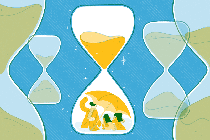 Illustration of a family huddled in a glass timer with sand.