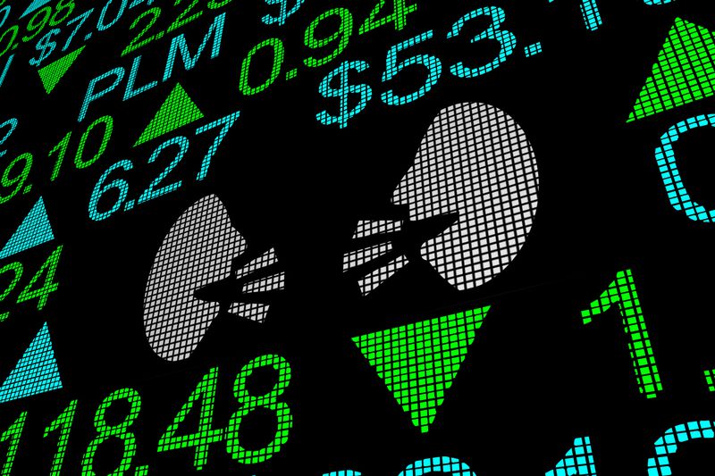 two digital faces talking on a stock screen surrounded by numbers