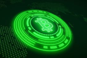 An illustration of a bitcoin logo in green on a dark background. 