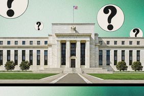 A photo composite shows the Federal Reserve building with question marks around it. 