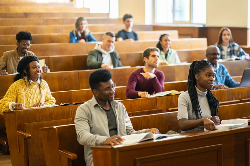 A university lecture with many international students.