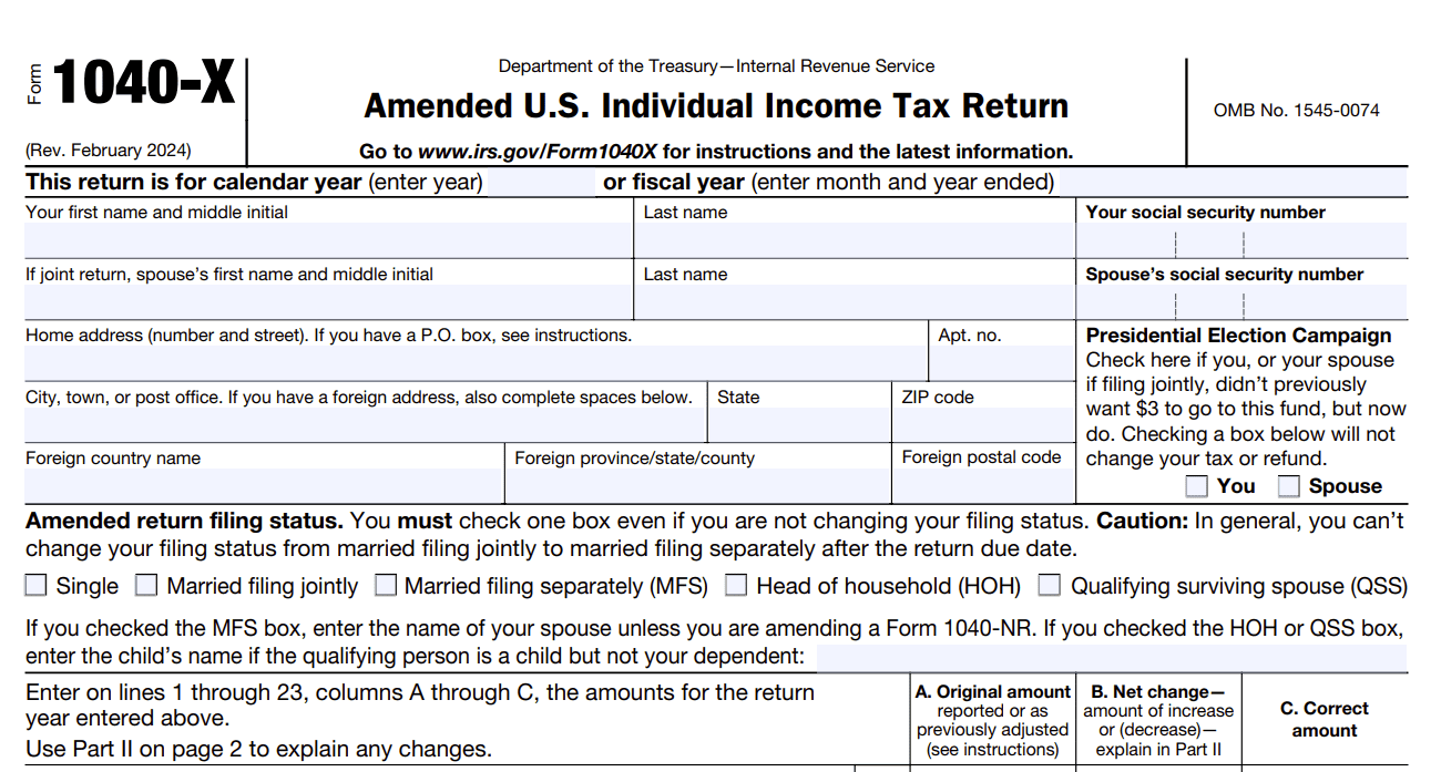 Form 1040-X (Top Portion)