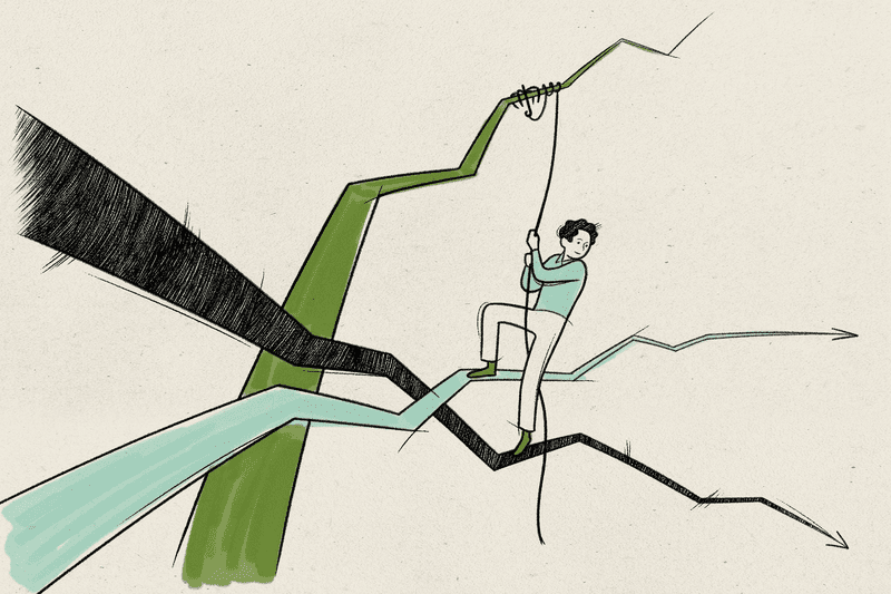 Illustration of a man on a rope, climbing a tree.