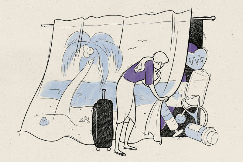 Illustration of a woman looking behind a curtain at her health care retirement costs.