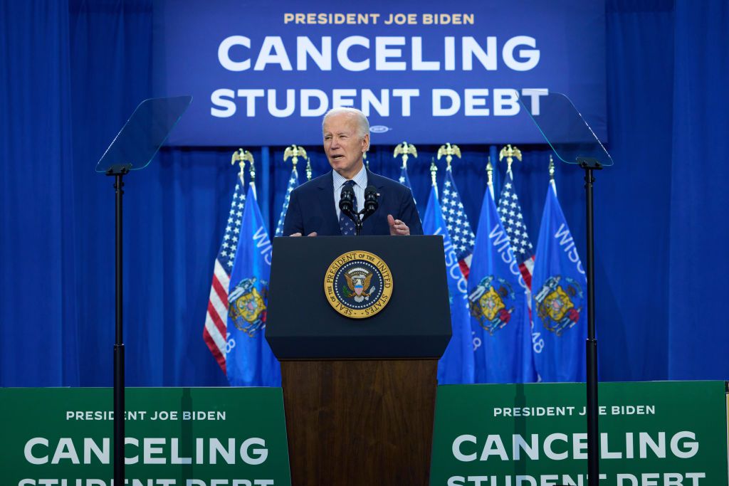 US President Joe Biden speaks during an event in Madison, Wisconsin, US, on Monday, April 8, 2024.