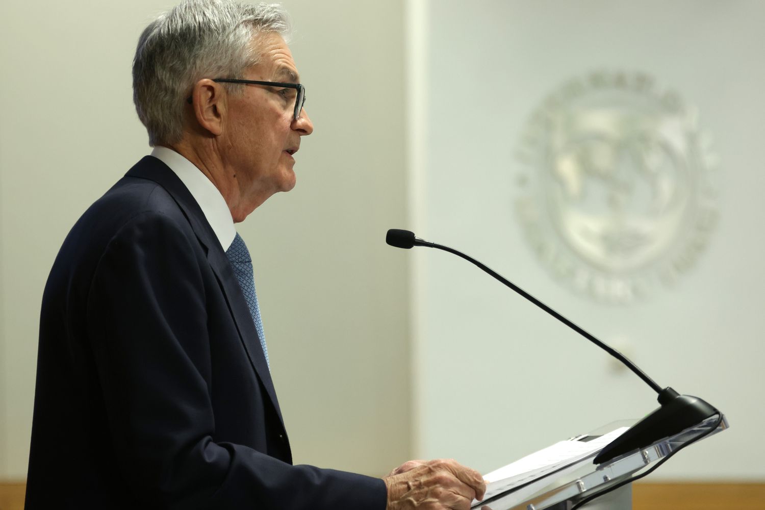 .S. Federal Reserve Board Chairman Jerome Powell speaks during a panel discussion on "Monetary Policy Challenges in a Global Economy" at the 24th Jacques Polak Annual Research Conference on November 8, 2023 at the IMF headquarters in Washington, DC.