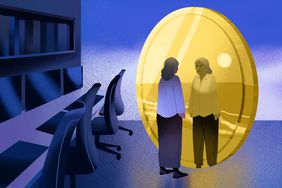 A woman looks into her reflection in a coin and sees her retired self on a beach in this illustration about pensions.