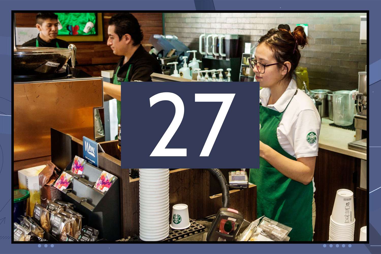 The numerals 27 set against the backdrop of workers in a coffee shop