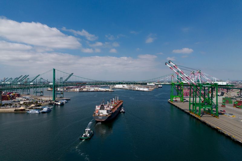 The Epic Trader bulk carrier arrives at the Port of Los Angeles in Los Angeles, California, US, on Monday, April 28, 2025.