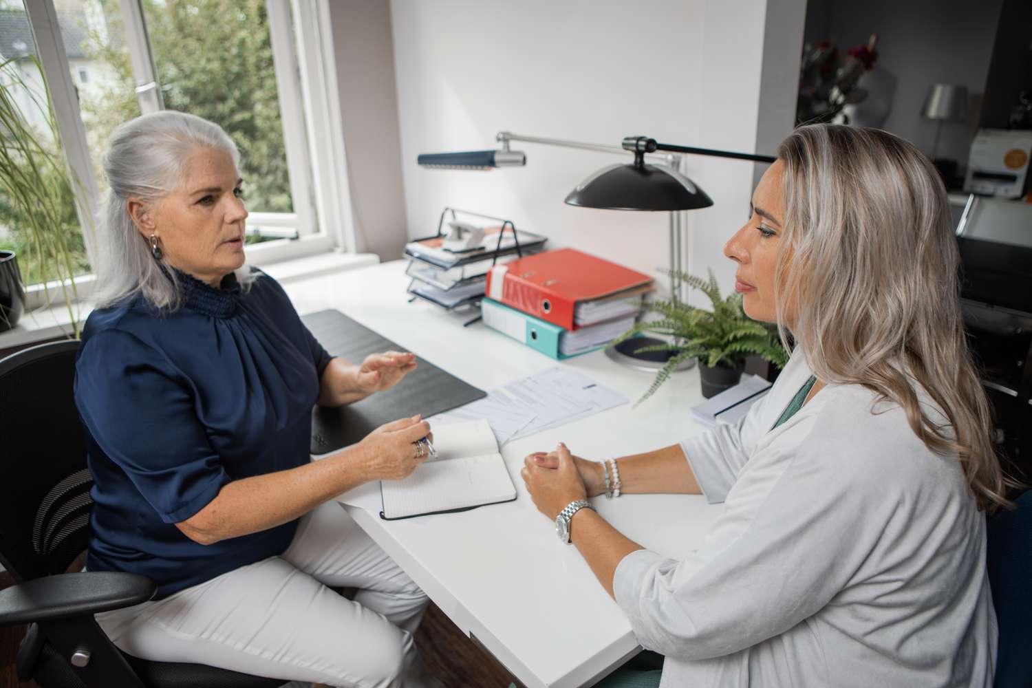 Two women sitting at a desk in an office