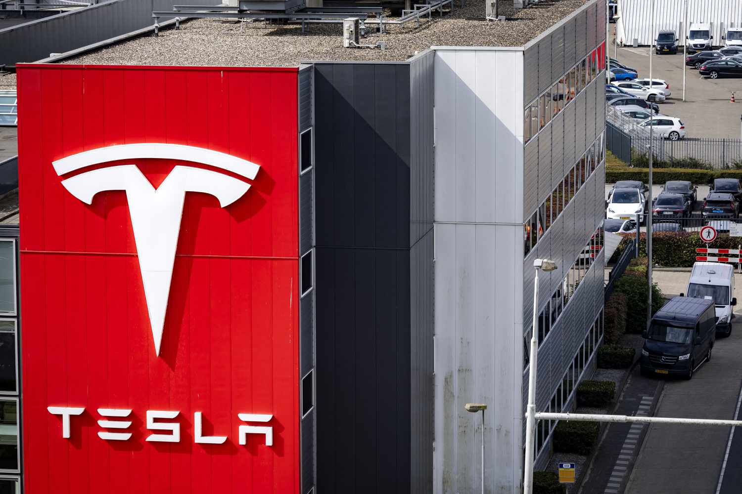 The logo on US electric carmaker Tesla's European headquarters in Amsterdam
