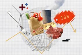 Photo and illustration composite image representing different types of commodities, including farmed goods, gold, and energy resources.