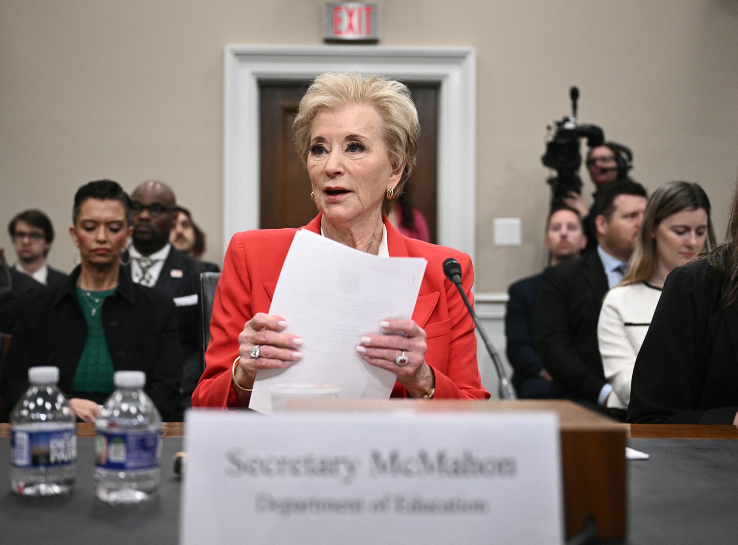 US Secretary of Education Linda McMahon prepares to testify before a House Subcommittee on Labor, Health and Human Services, Education, and Related Agencies hearing on the budget for the Department of Education, on Capitol Hill.