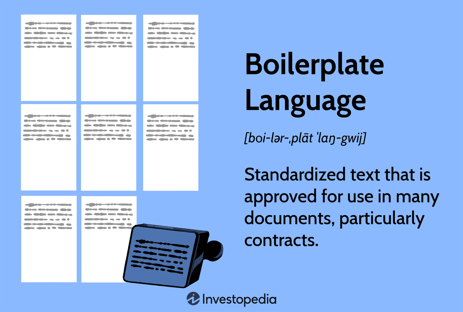 Boilerplate Language: Standardized text that is approved for use in many documents, particularly contracts.