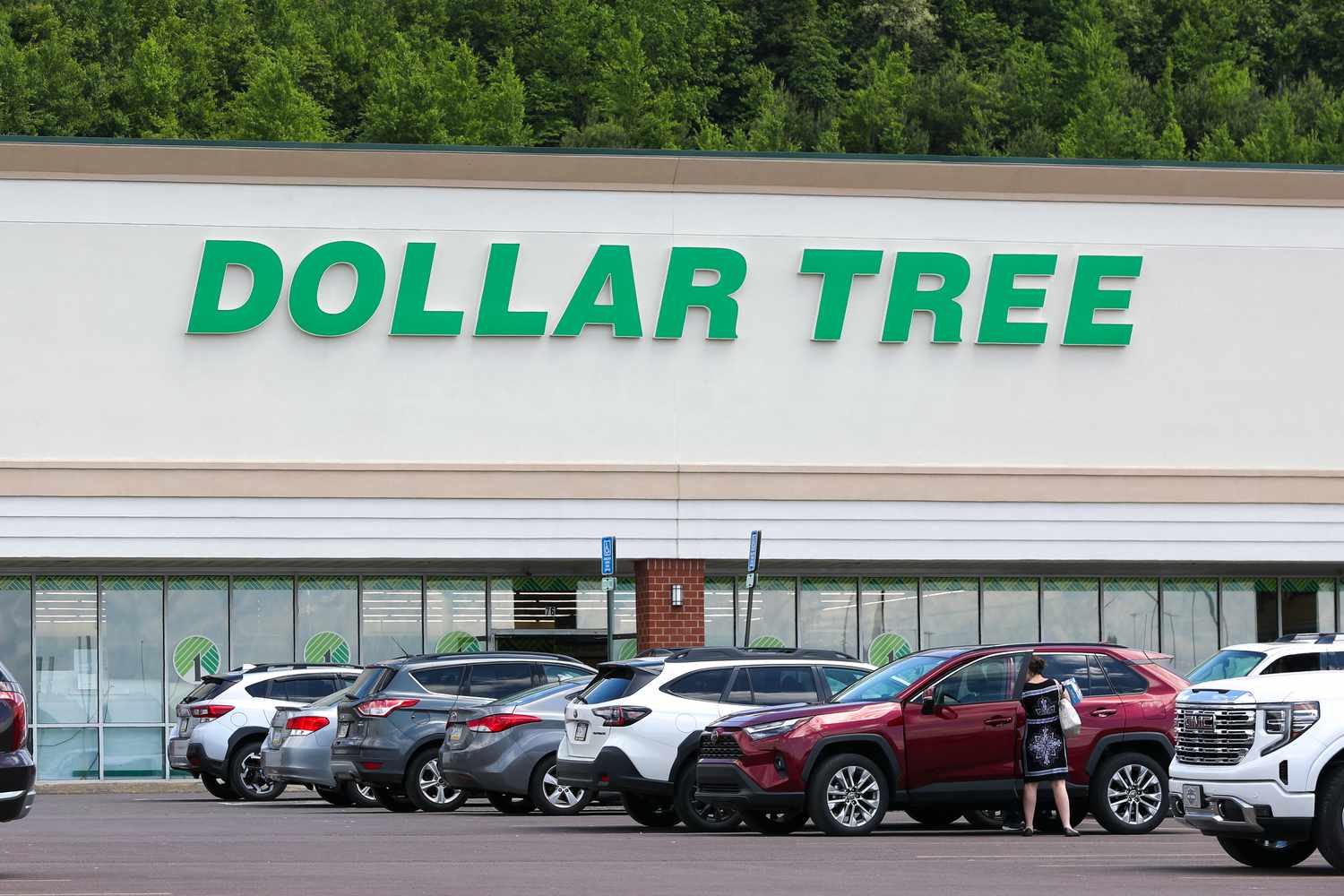 Cars are parked near a Dollar Tree store.