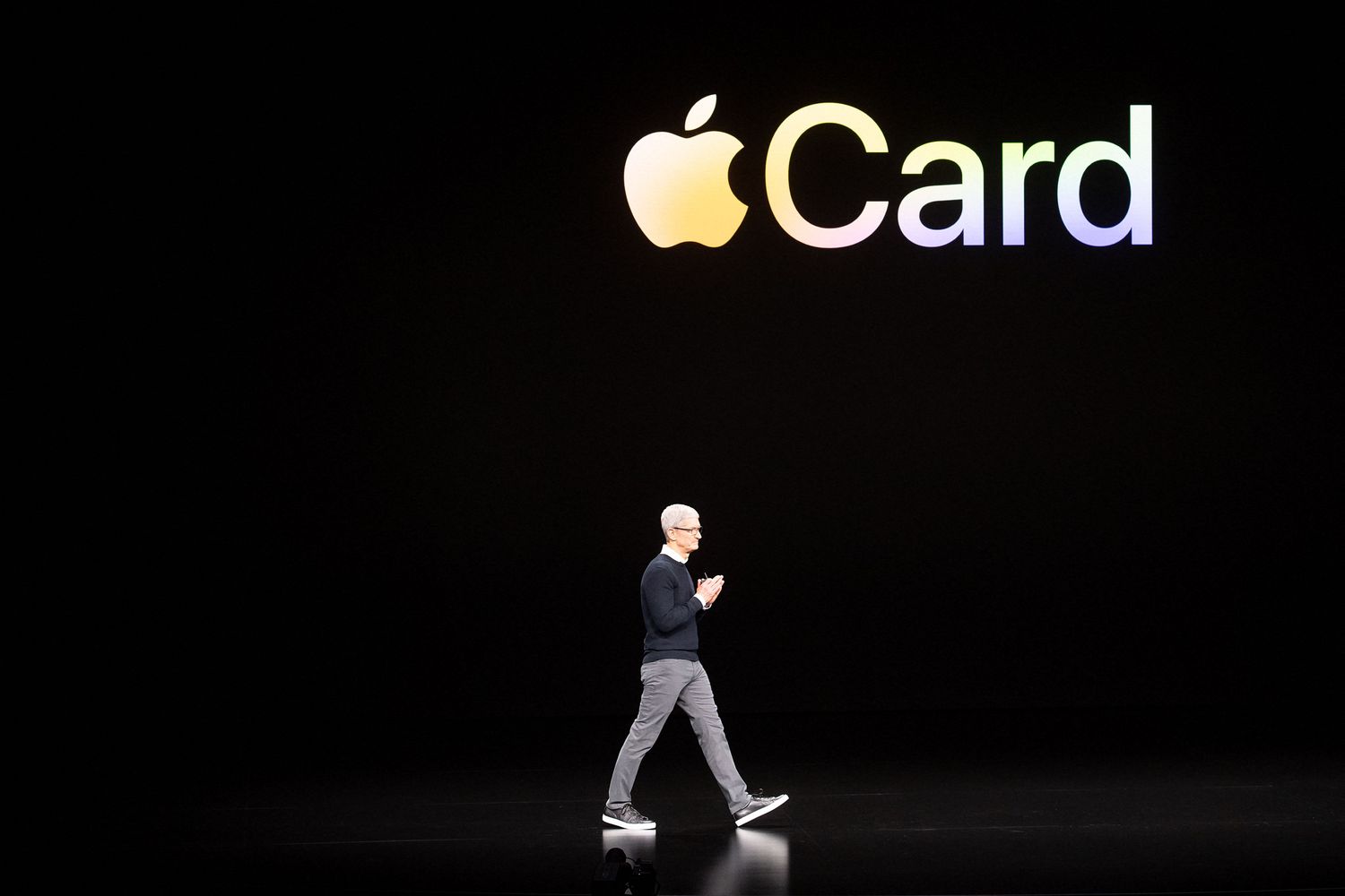Apple CEO Tim Cook introduces Apple Card during a launch event at Apple headquarters on March 25, 2019, in Cupertino, California. 