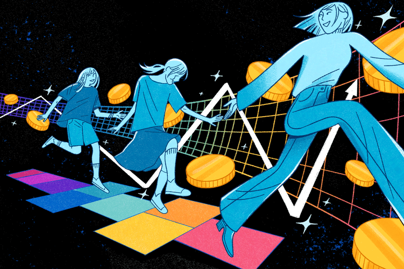 An illustration of a person at three life stages (kid, teen, and adult), playing hopscotch with coins and stock tickers in the background.
