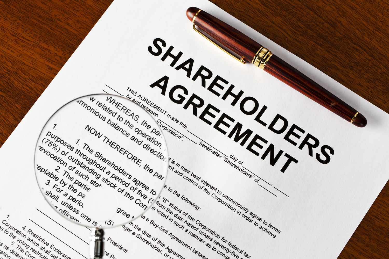 A shareholder's agreement with magnifying glass