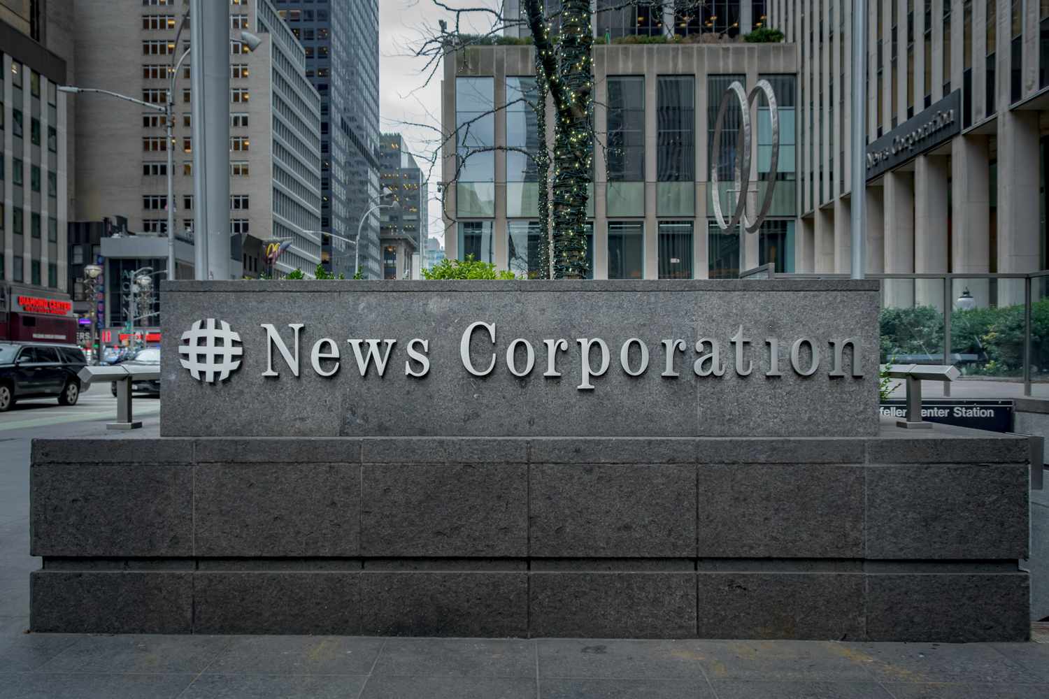 News Corporation sign at the main entrance of headquarters in New York City.