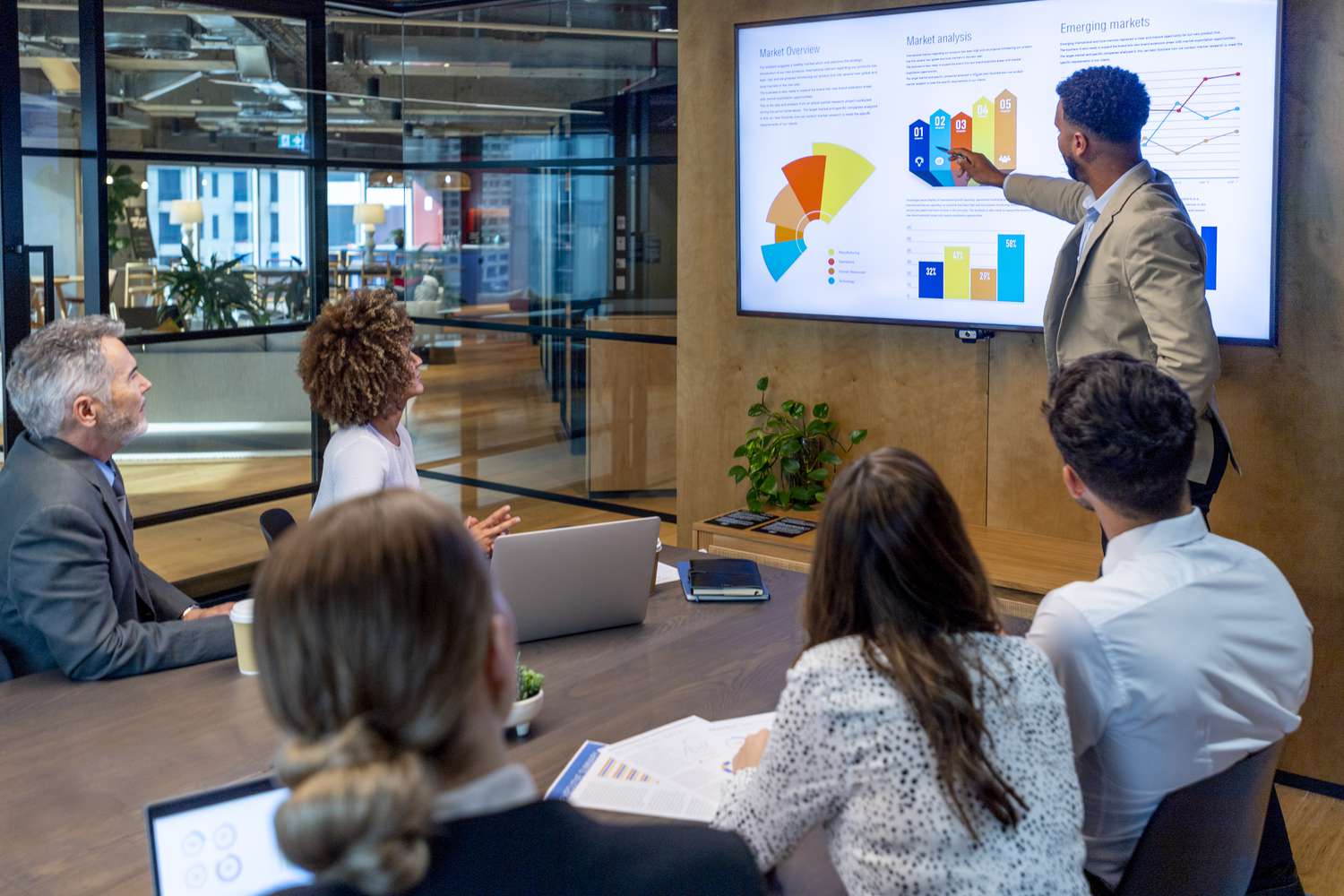 The Chief Financial Officer uses a large screen to show board members where and business is The Chief Financial Officer uses a large screen to show board members where and business is experienceing a financial turnaround.a financial turnaround.