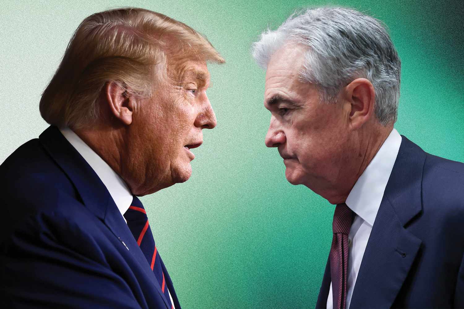 A photo composite shows Donald Trump and Jerome Powell face-to-face.
