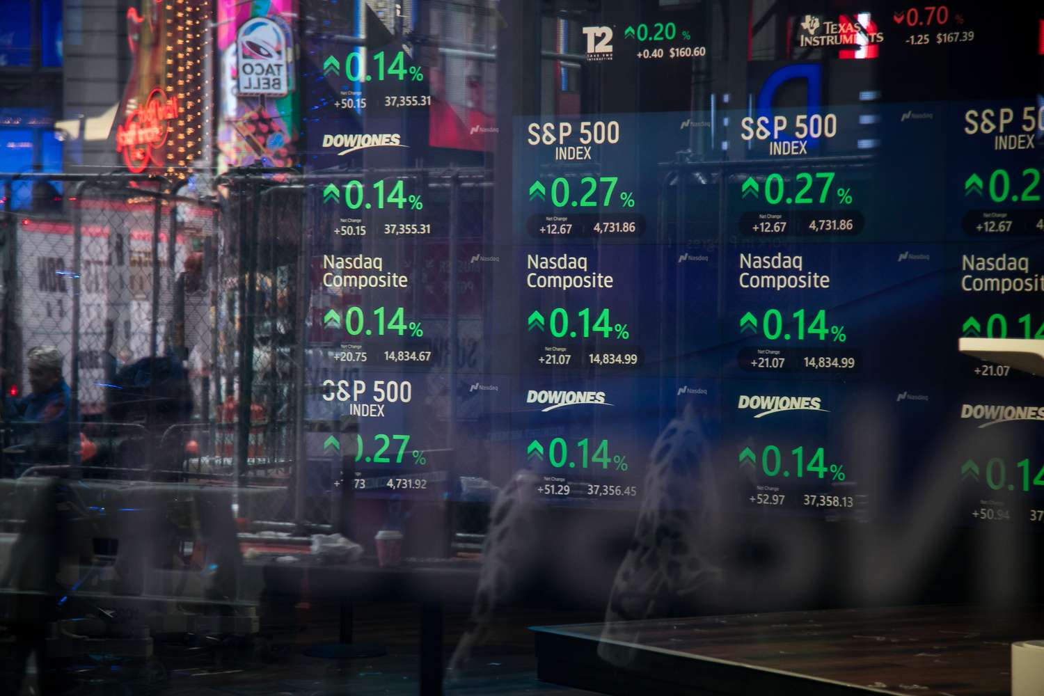 Stock market information at the Nasdaq MarketSite in New York, US, on Monday, Dec. 18, 2023.
