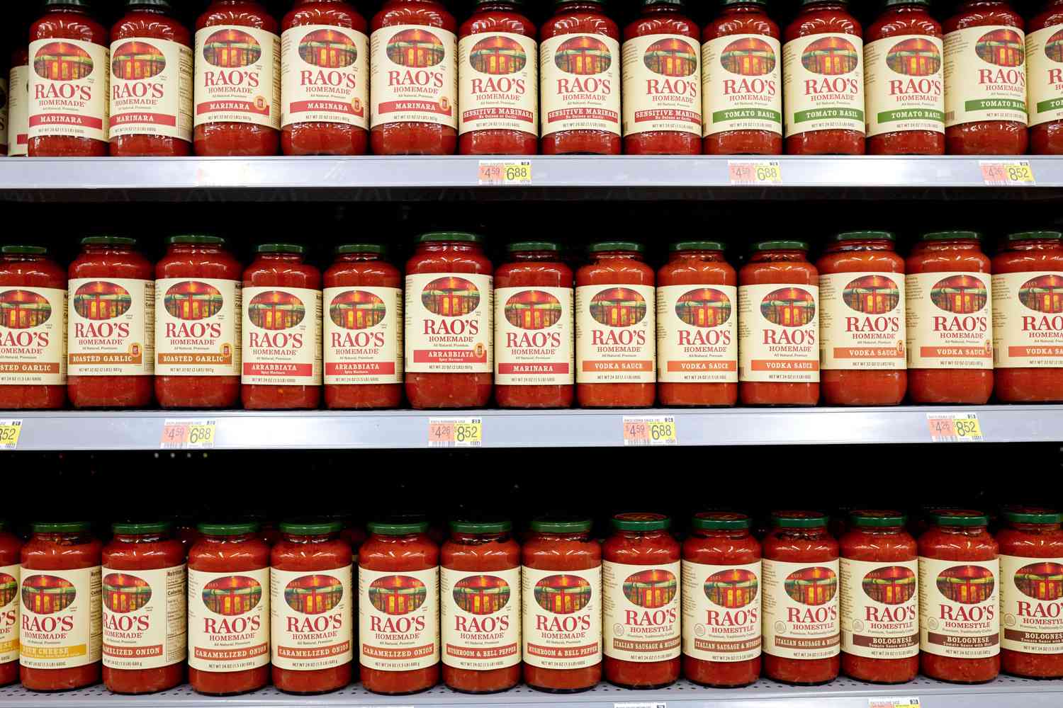 Jars of Rao's brand pasta sauce on a store's shelves