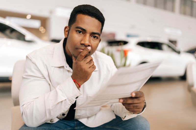 A young man seated at a car dealership, holding a document and looking thoughtful