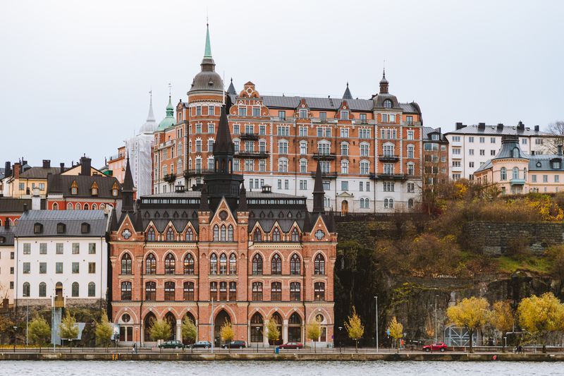 A view of the historic Mariahissen building on the Sodermalm waterfront in Stockholm, Sweden.
