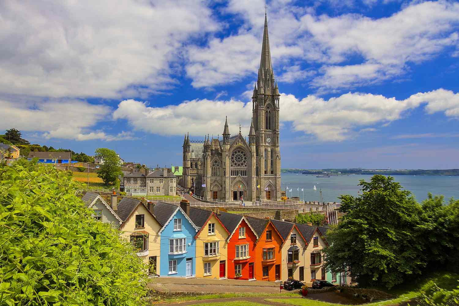 On a high point in the town stands St Colman's Cathedral, over a row of houses, the so-called âDeck of Cardsâ, each one differs in colour from its neighbouring building.