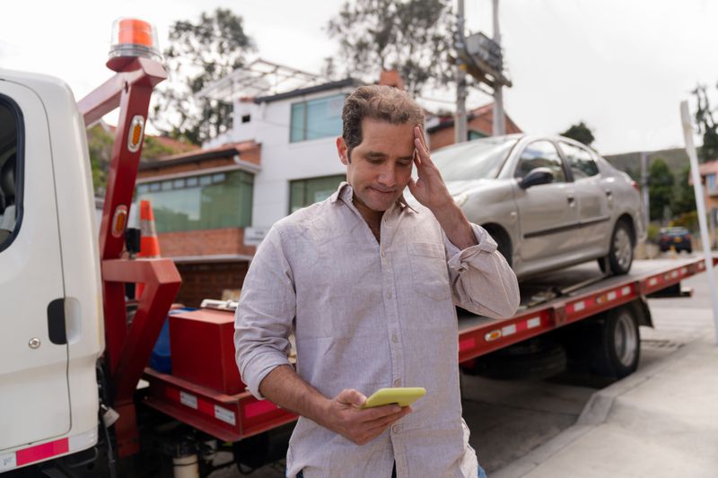 Man in front of tow truck