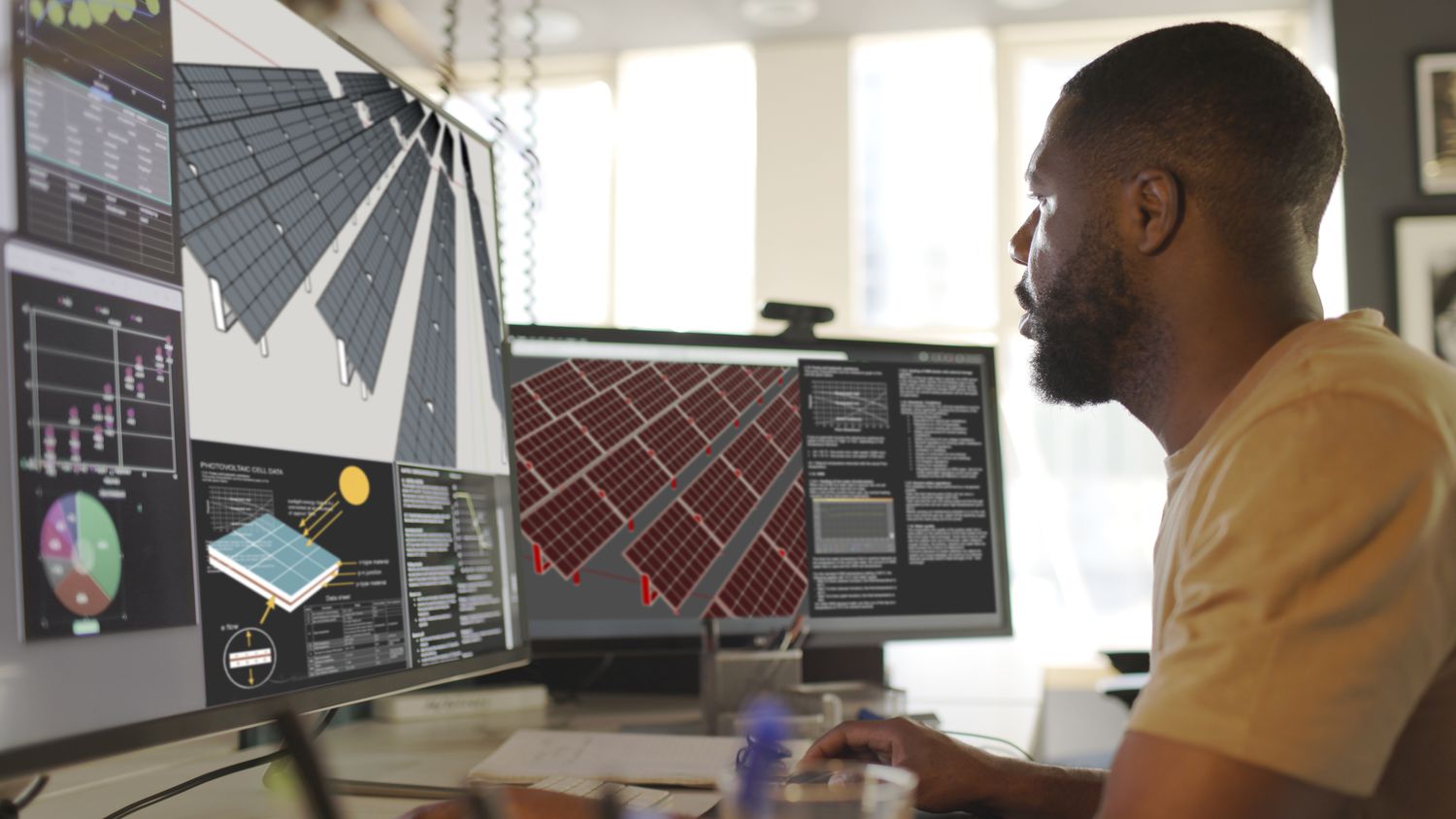 A CAD software designer sits at a desk with multiple screens building the plans for a new solar panel array.