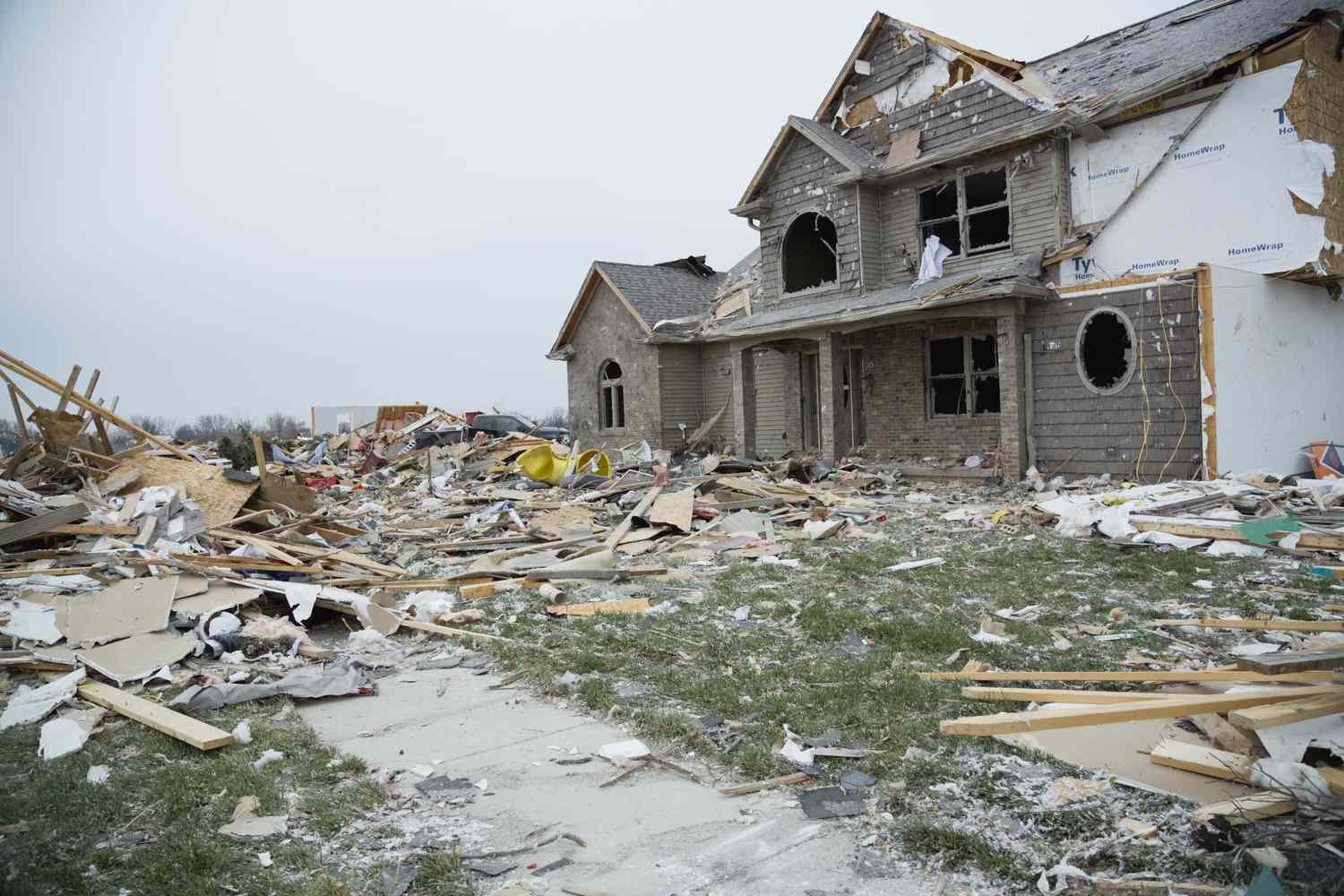 House destroyed by tornado, surrounded by pieces of furniture and and trash.