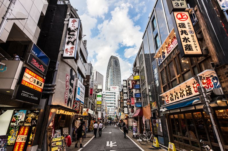 Stunning view of the entertainment district at the foot of the skyscrapers of Shinjuku in Tokyo