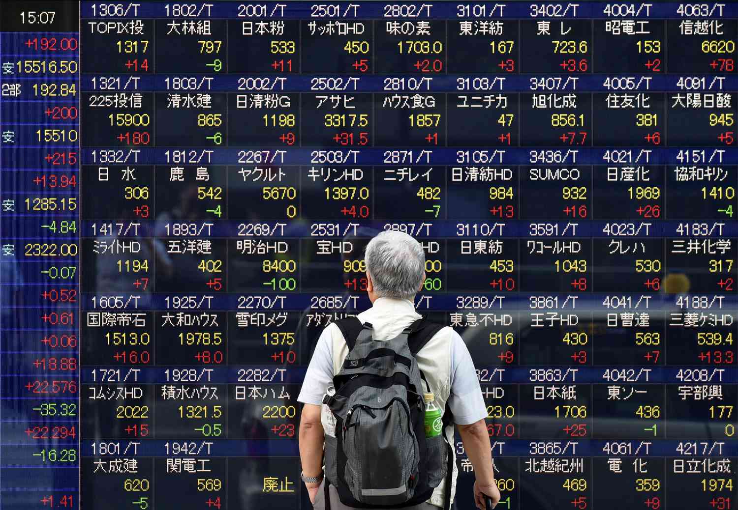 A Man looking at ttocks listed on the Board of the Tokyo stock exchange