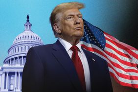 An illustration shows an image of Donald Trump imposed in front of an American Flag and the capitol building. 