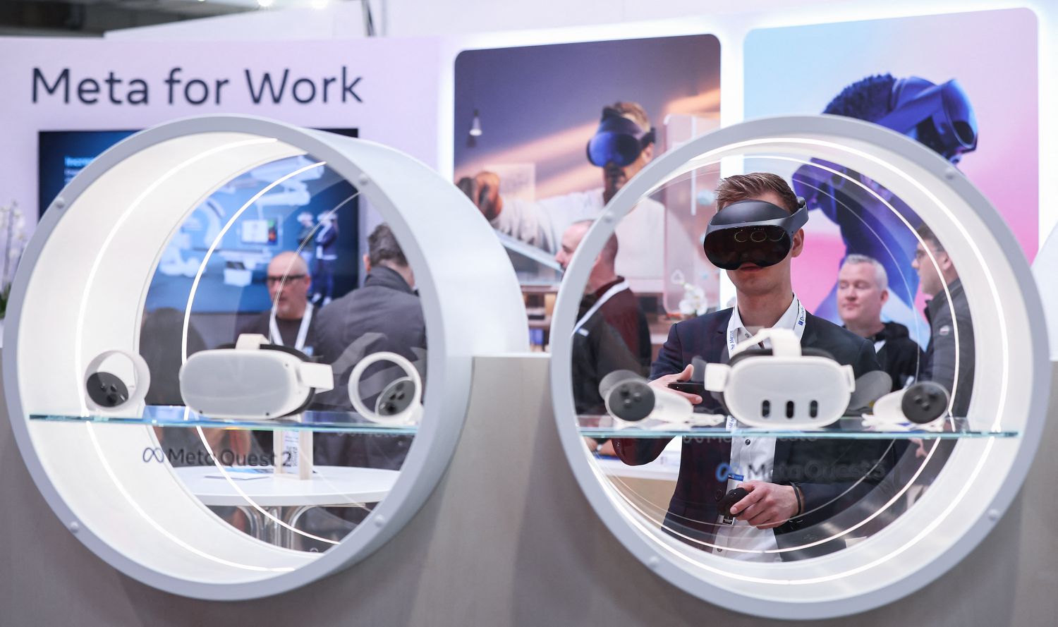Meta Quest Pro goggles at the booth of Meta Platforms at the Hanover technology Fair on April 22, 2024.