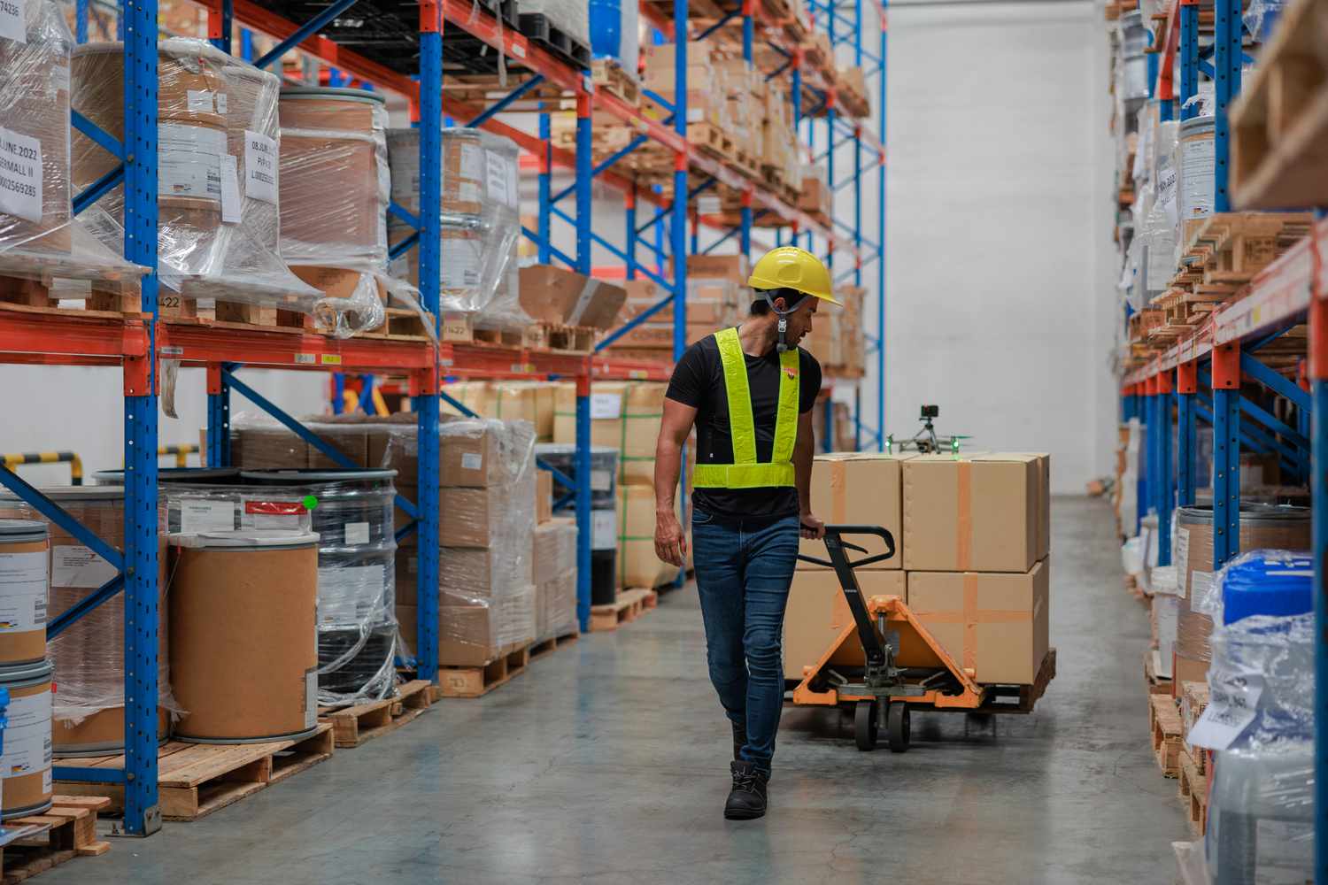 A worker pushes an hydraulic hand pallet through a warehouse.