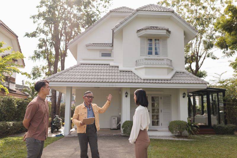 Senior real estate agent is showing the house for sale to prospective buyers.