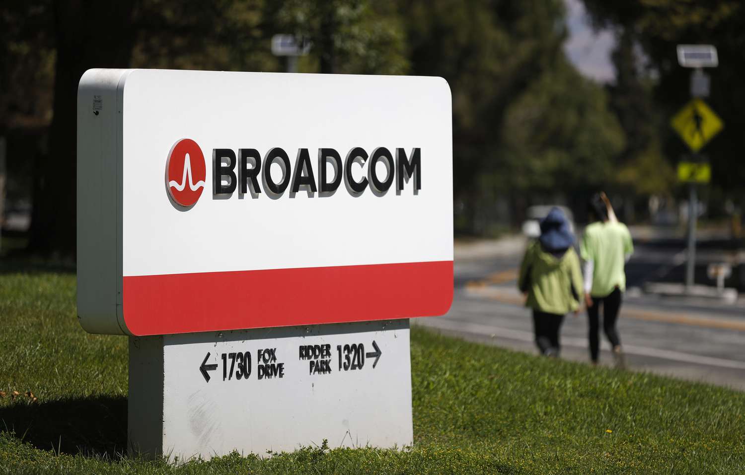 A sign is posted in front of a Broadcom office on June 3, 2021 in San Jose, California