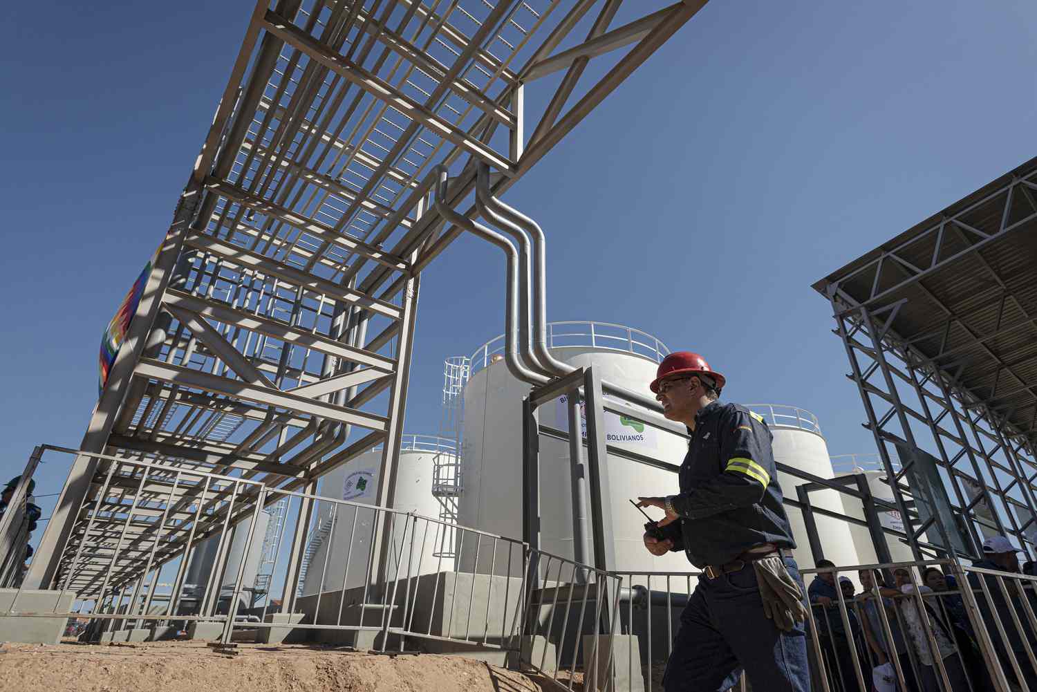 A worker at the newly constructed Yacimientos Petroliferos Fiscales Bolivianos (YPFB) biodiesel plant.