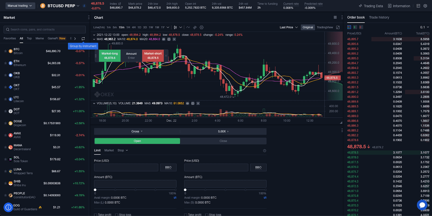 The OKEX active trading platform has multiple layouts to choose from and the option to build customized layouts