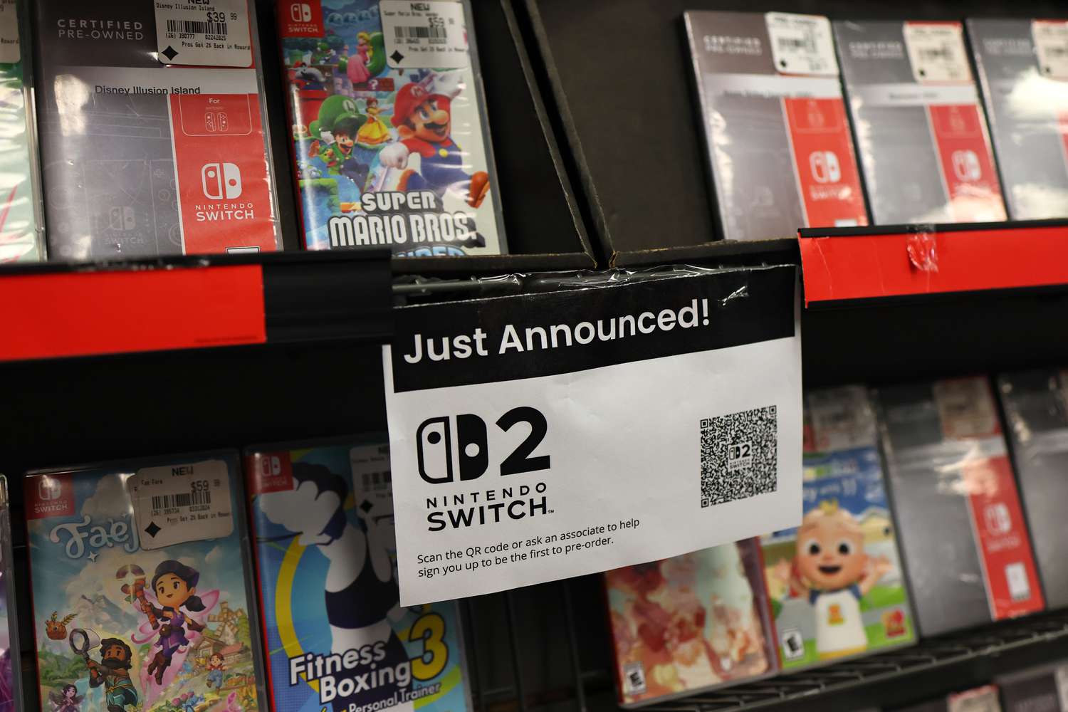 A sign in a New York City GameStop store advertises the Switch 2. 