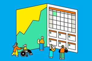Illustration showing people interacting near a chart with financial data and a calendar, considering when they want to retire.