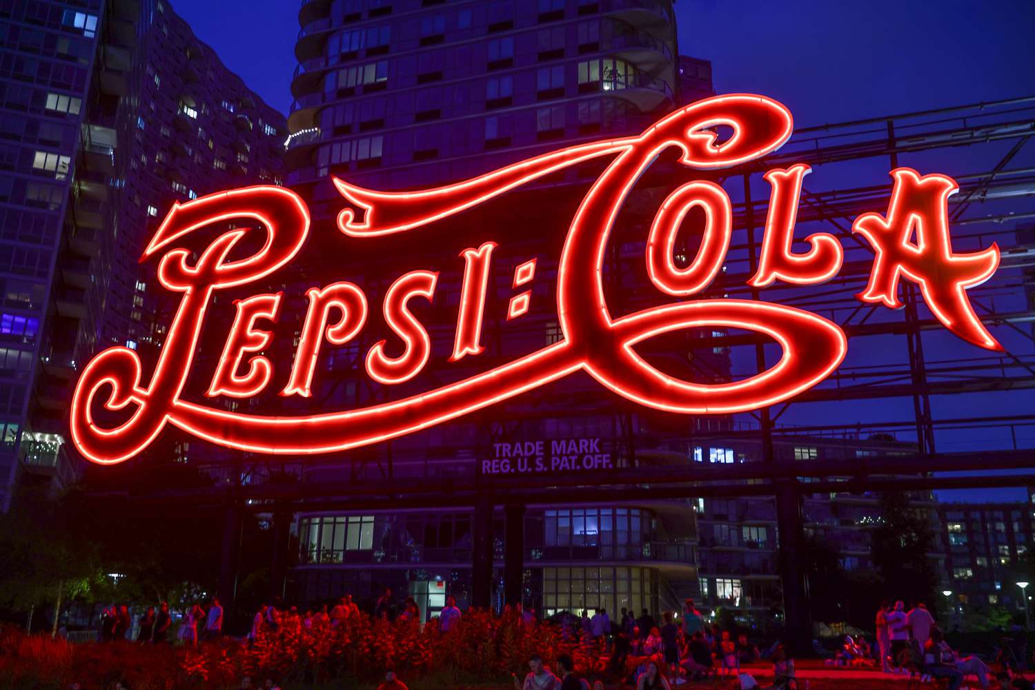 Pepsi-Cola neon sign at Gantry Plaza State Park in New York, on July 4th, 2024
